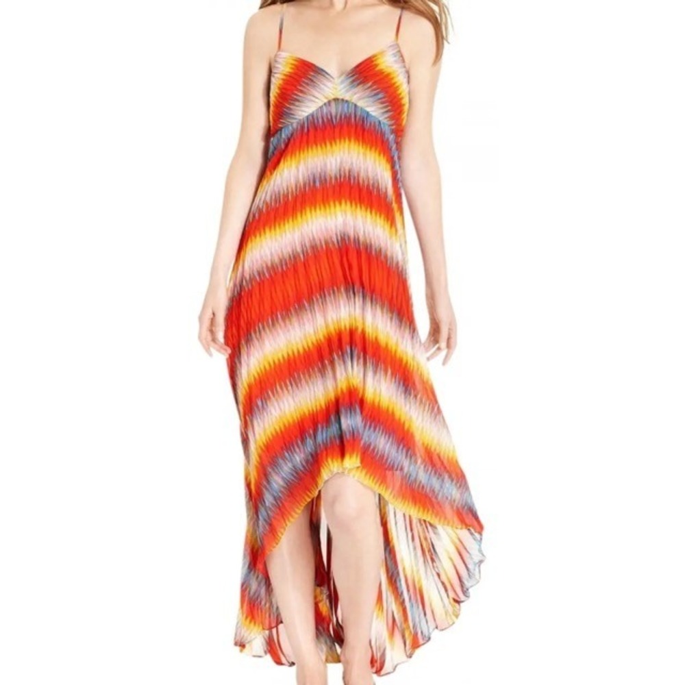 Calvin Klein Maxi Dress Pleated High Low Striped Orange Yellow Women's Size 14